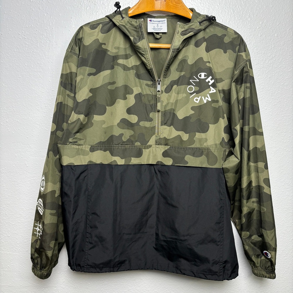 Champion Camo Black Packable Windbreaker Jacket Men's Medium‎ Half Zip Pullover